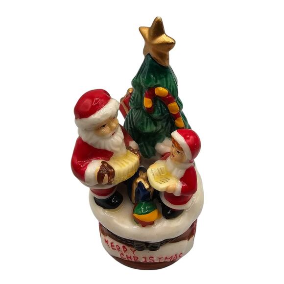 Vintage Christmas Tree Santa Claus Hinged Small Trinket Box Round 1990s - Picture 1 of 6